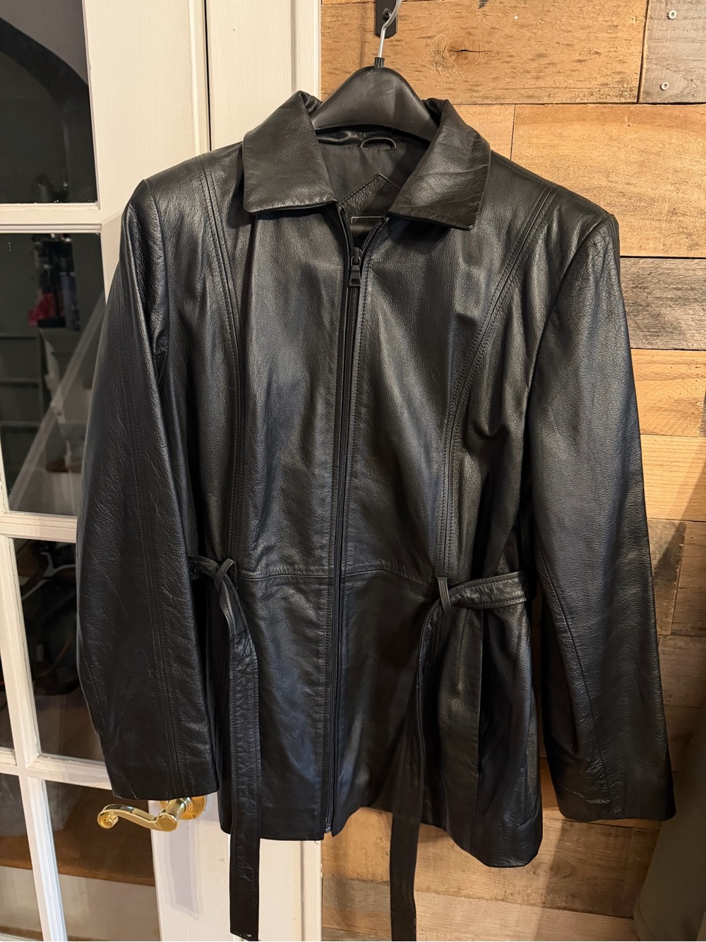 OutBrook Women’s Black Leather Belted Mid-Length Jacket w/ Pockets Size S